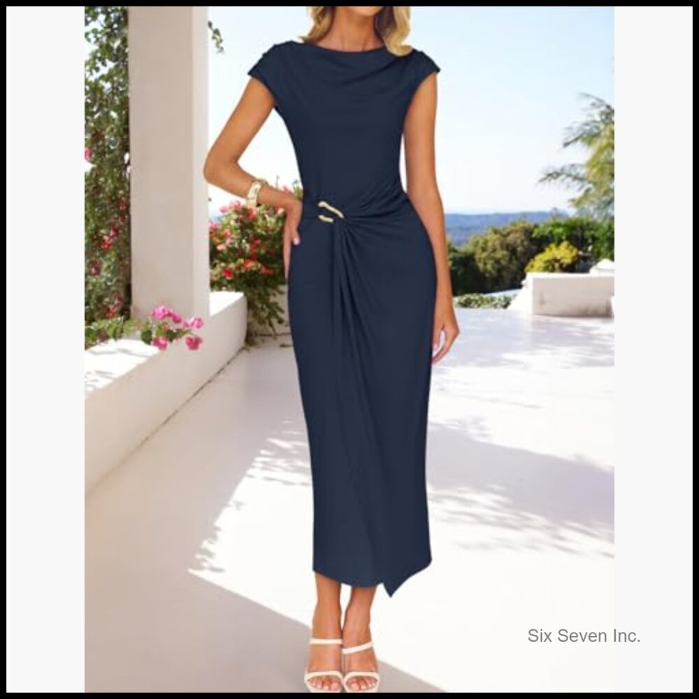 Polyester Elastane Mock Neck Bodycon Midi Dress C… - image 2
